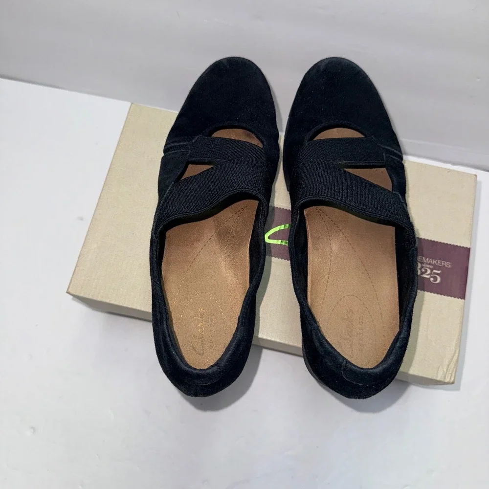 Clarks Daelyn Villa Black Suede Elastic Strap Wedge‎ Loafers 26102697 Womens 6M